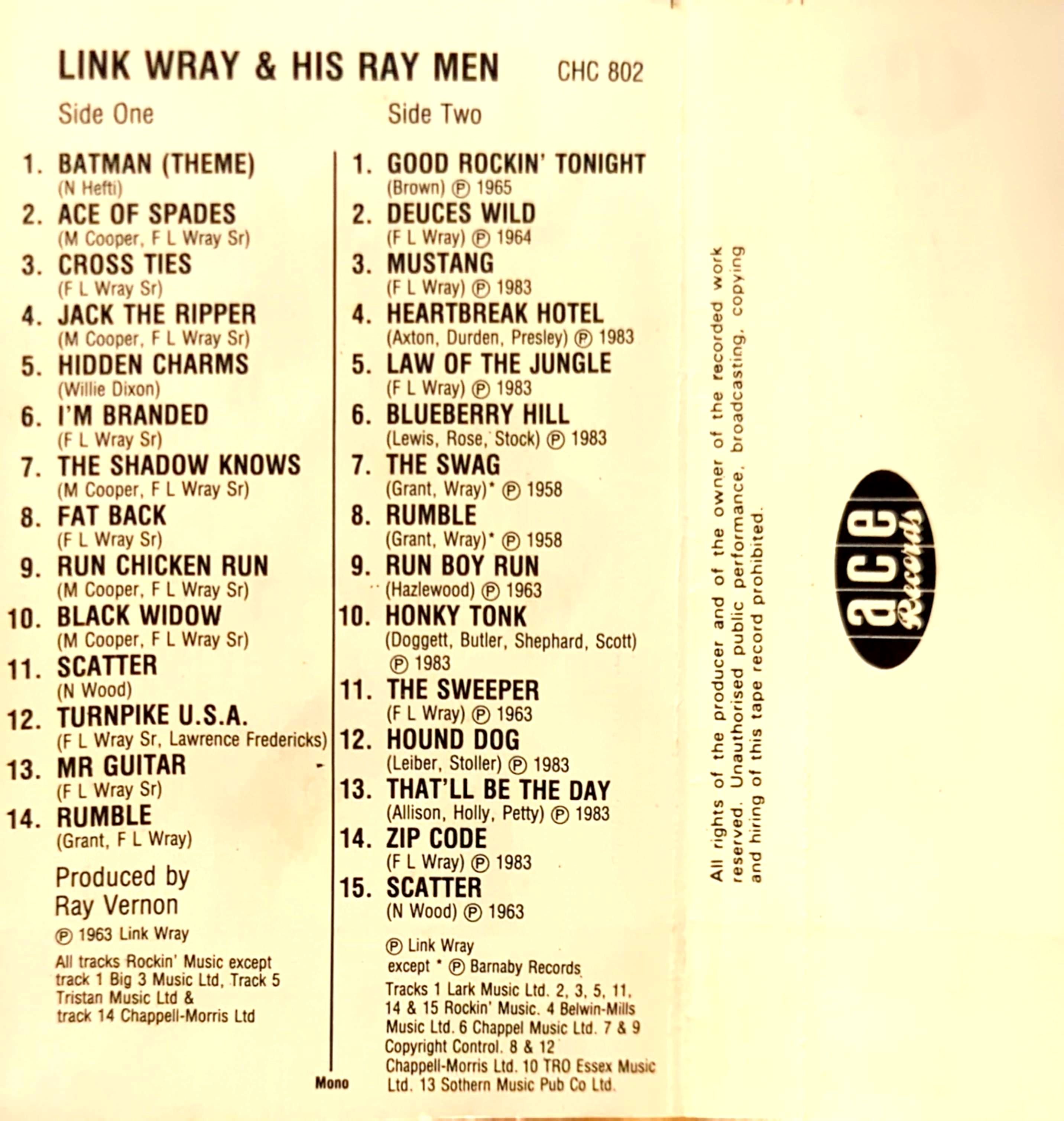 Link Wray - Link Wray/Good Rockin' Tonight Ace Tapes Double Play Cassette Tape