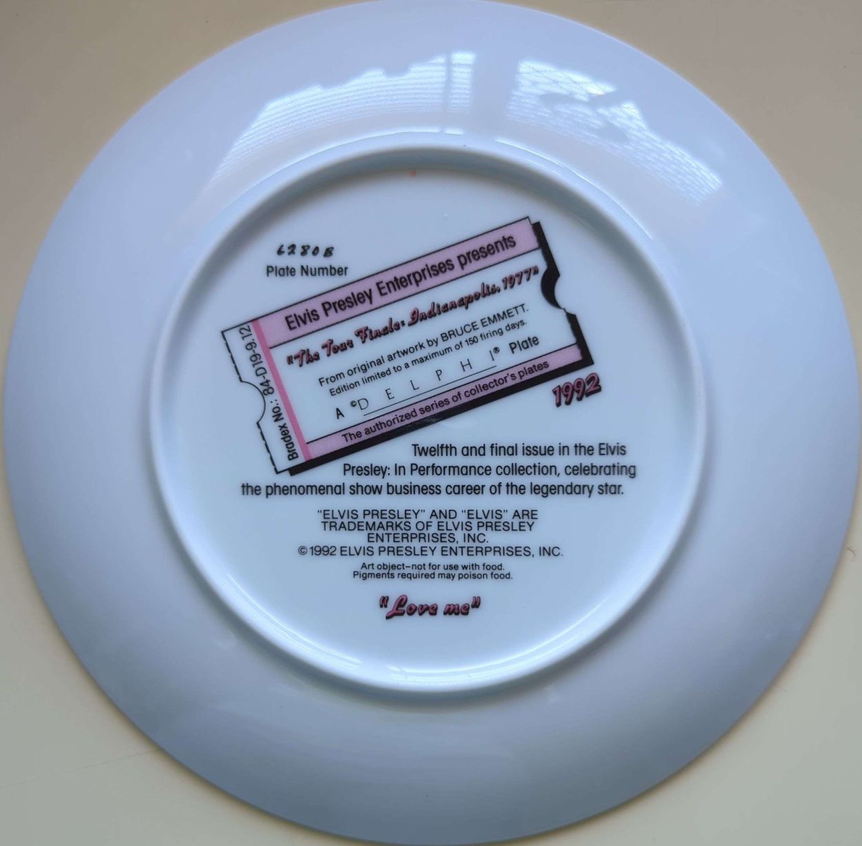 Elvis Presley - Vintage 1992 Delphi In Performance Tour Finale Indianapolis 1977 Plate #6280B w/ Original Box & COAs