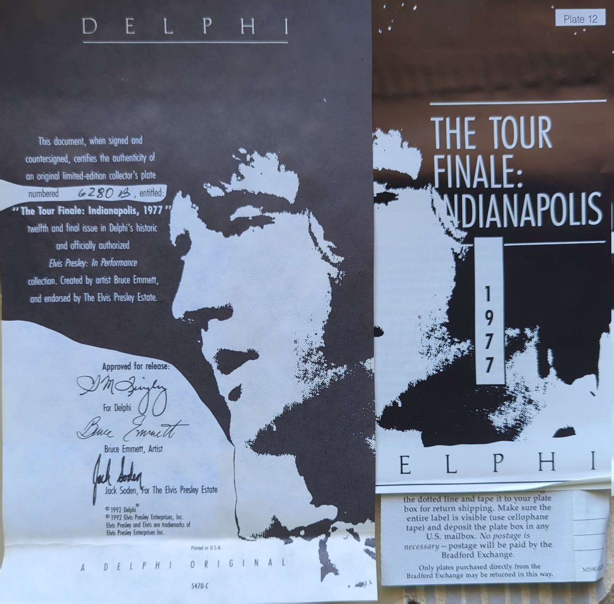 Elvis Presley - Vintage 1992 Delphi In Performance Tour Finale Indianapolis 1977 Plate #6280B w/ Original Box & COAs