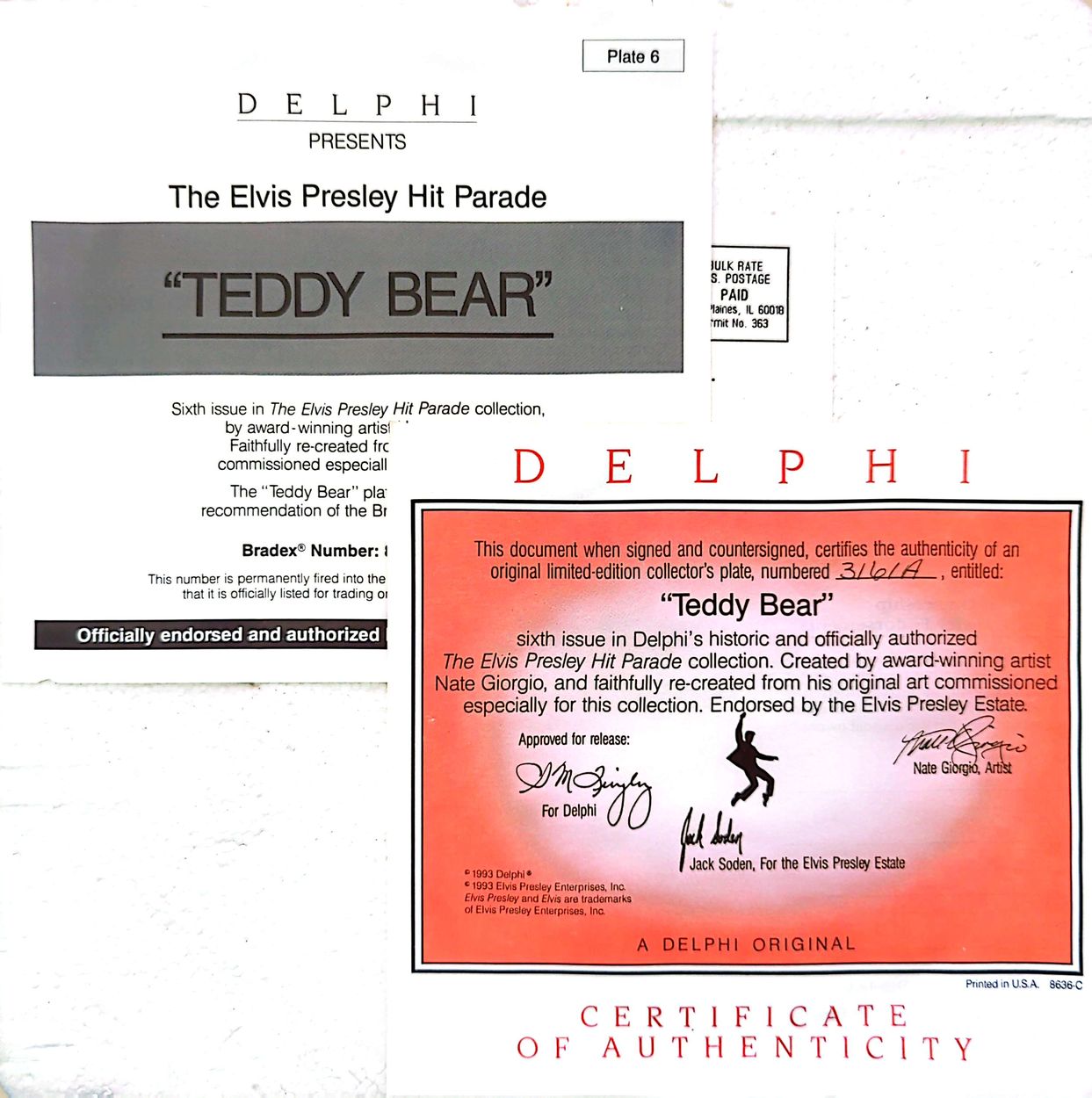 Elvis Presley - Vintage 1993 Delphi Hit Parade Collection Teddy Bear Plate #3161A w/ Original Box & COAs