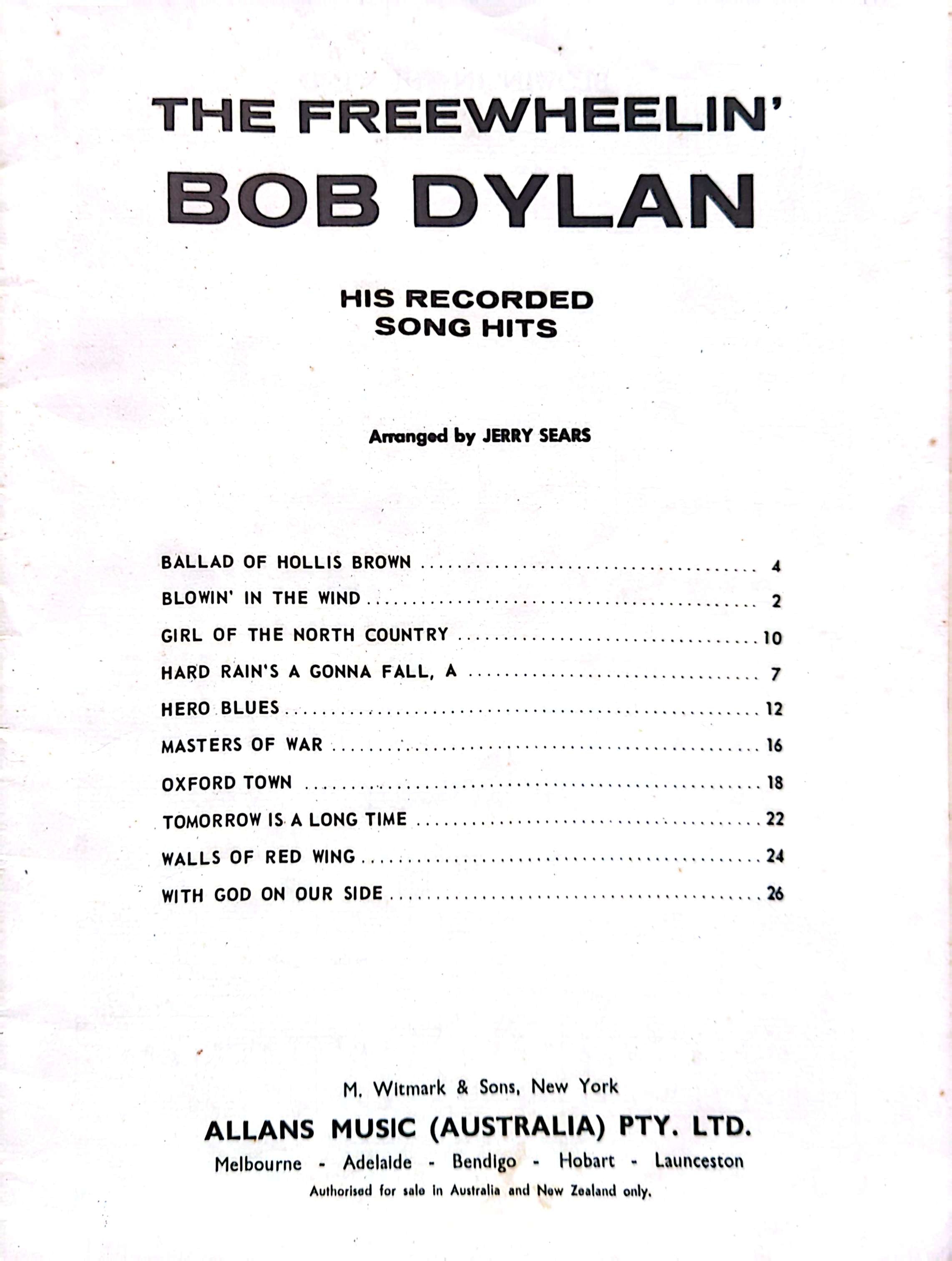 Bob Dylan - The Freewheelin' Bob Dylan (His Recorded Song Hits) Sheet Music Songbook (1963) Arranged By Jerry Sears
