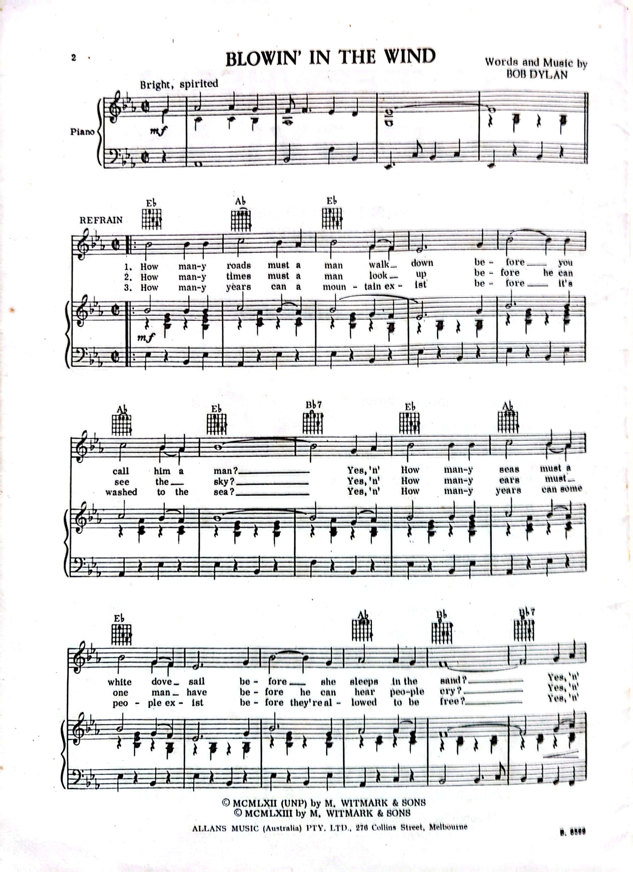 Bob Dylan - The Freewheelin' Bob Dylan (His Recorded Song Hits) Sheet Music Songbook (1963) Arranged By Jerry Sears