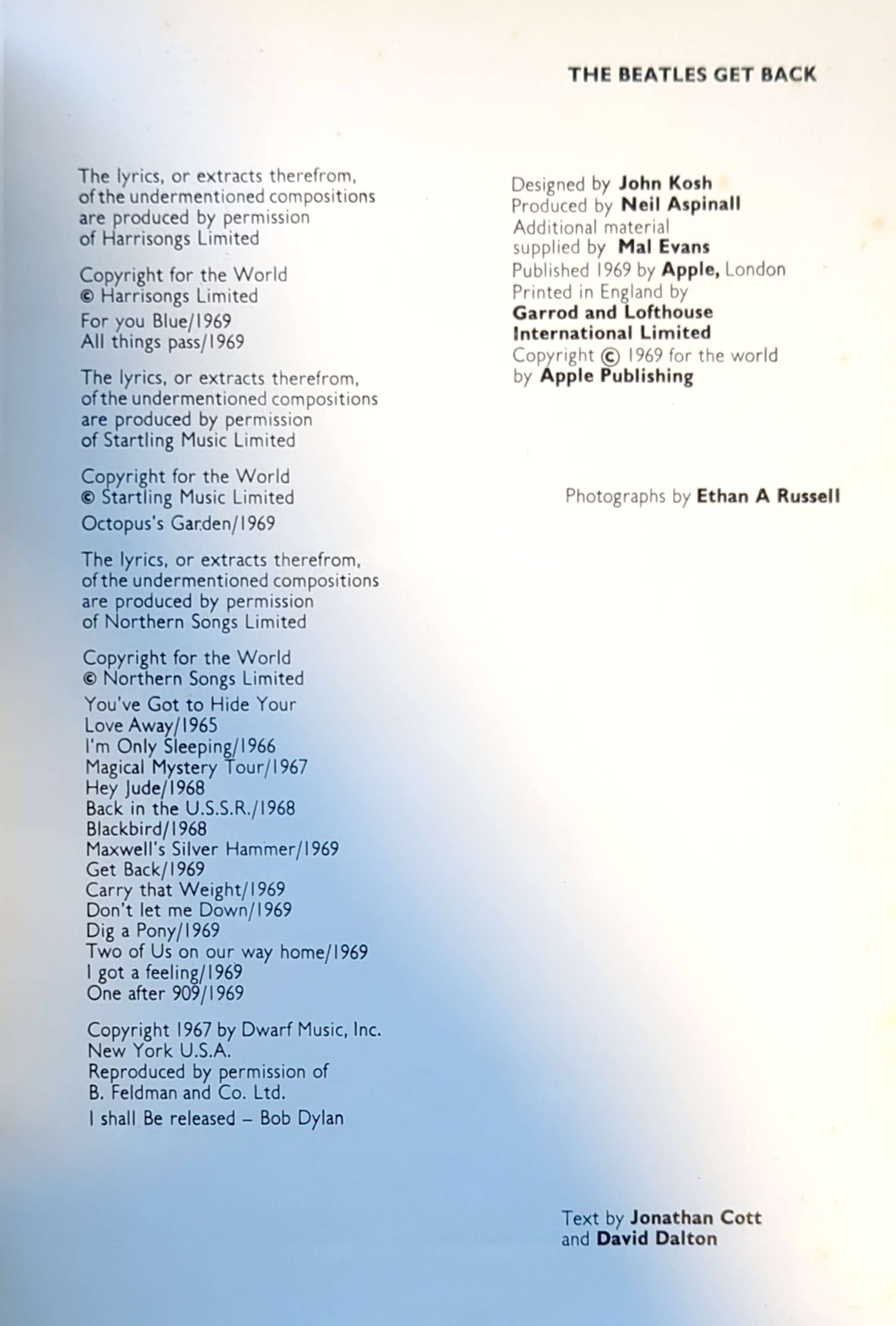 Beatles - Get Back by Jonathan Cott & David Dalton Softcover Book (1969)