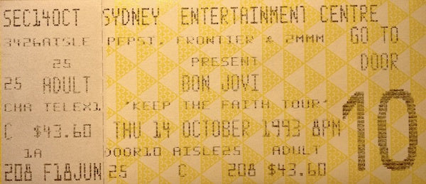 Bon Jovi - Full Concert Ticket - Sydney 1993