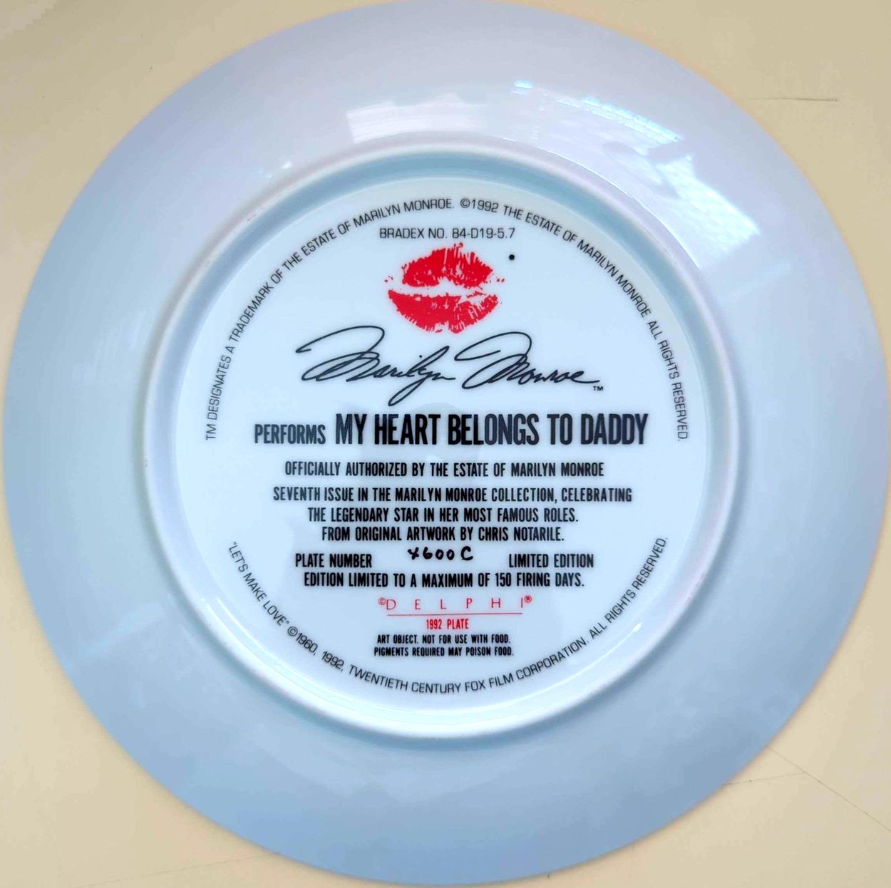 Marilyn Monroe - Vintage 1992 Delphi My Heart Belongs To Daddy Plate #4600C + COA (No Box)