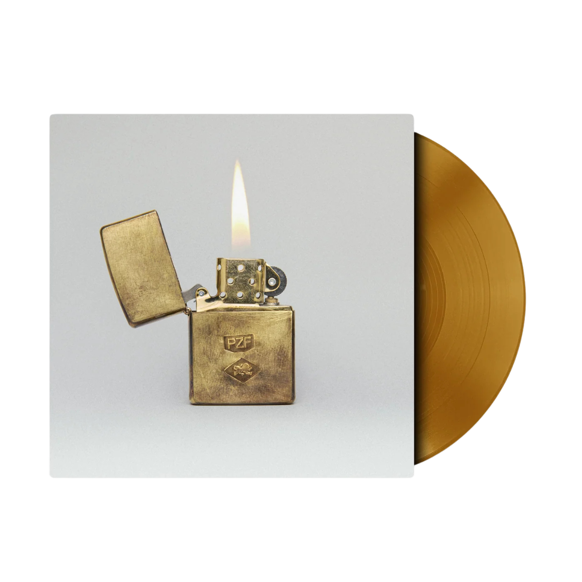 Gold Zippo lighter with flame next to a gold vinyl record on a white background