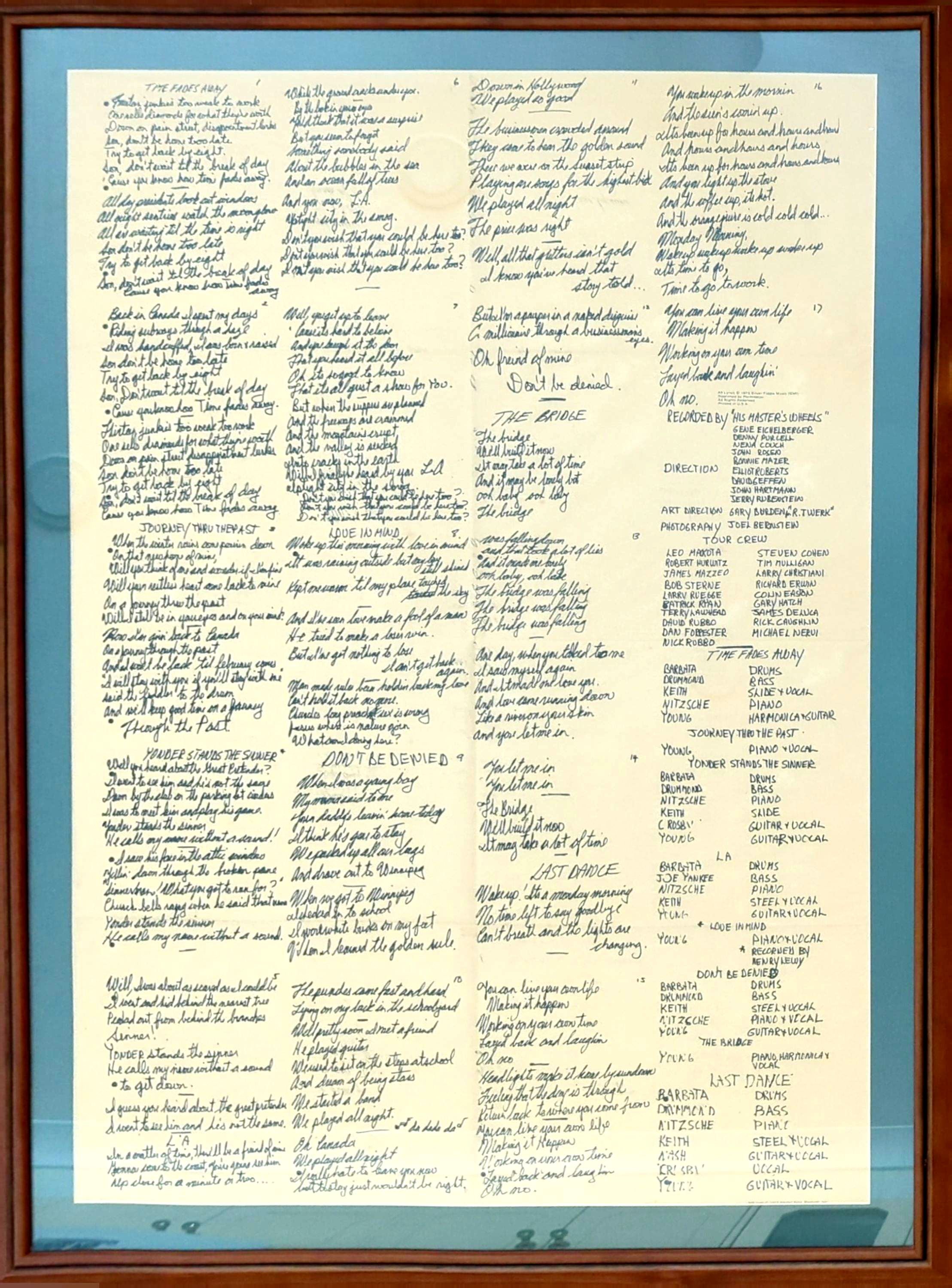 Neil Young - Time Fades Away Handwritten Lyrics Large 99 x 69cm Framed Poster