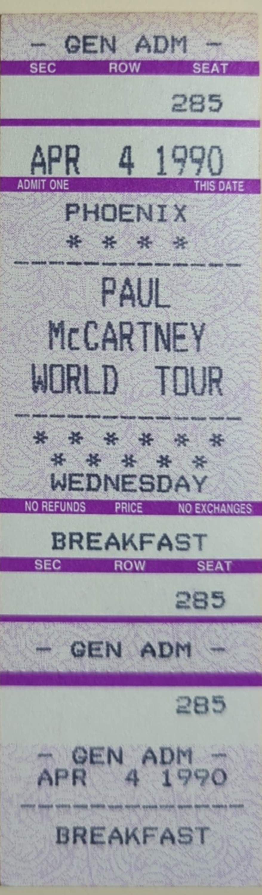 Paul McCartney - World Tour 1990 Original Vintage Concert Ticket Seat 285