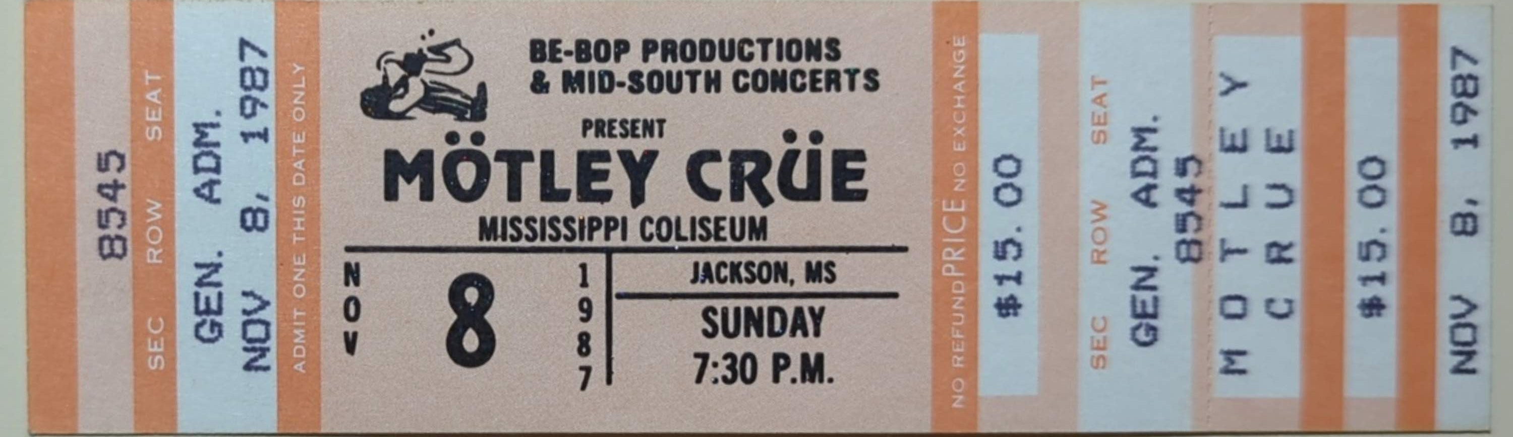 Motley Crue - 1987 Original Vintage Concert Ticket GA 8545