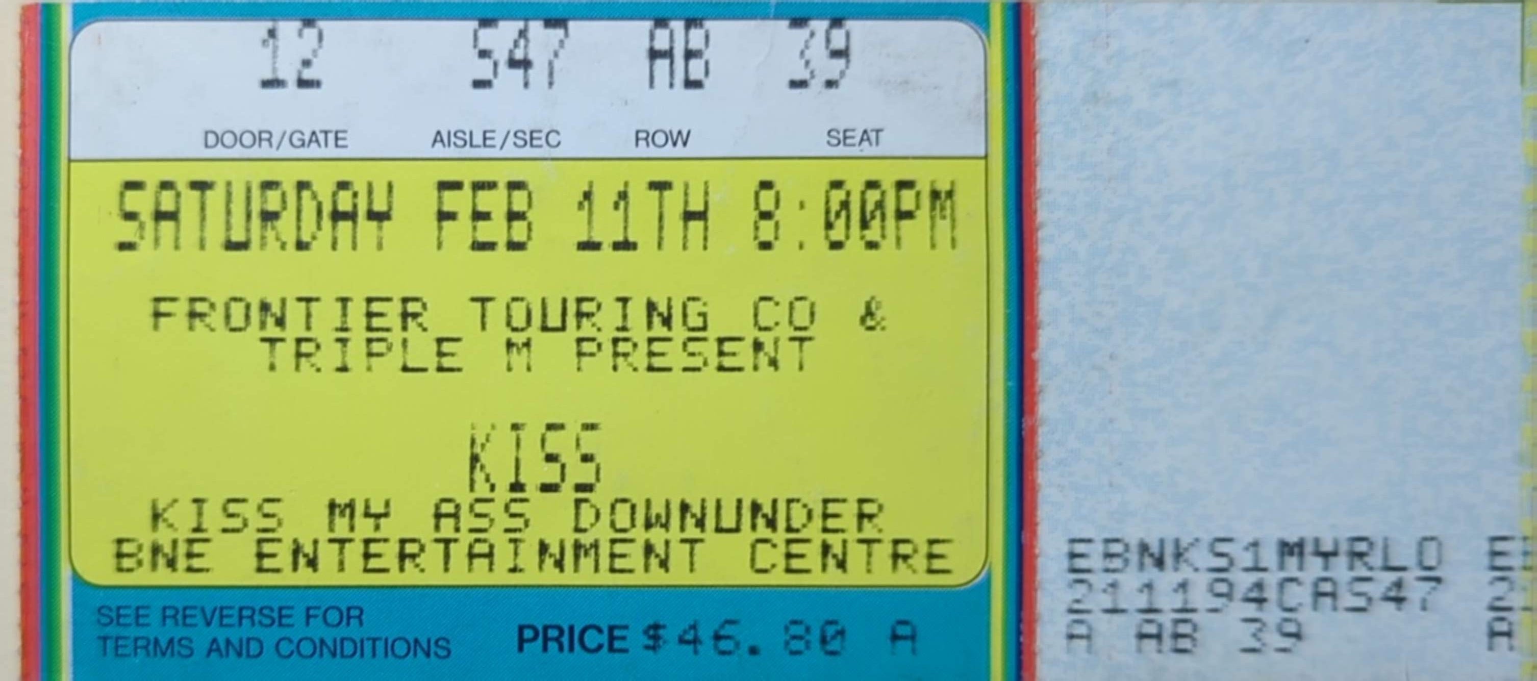 Kiss My Ass Downunder Tour 1995 Original Vintage Concert Ticket Row AB Seat 39