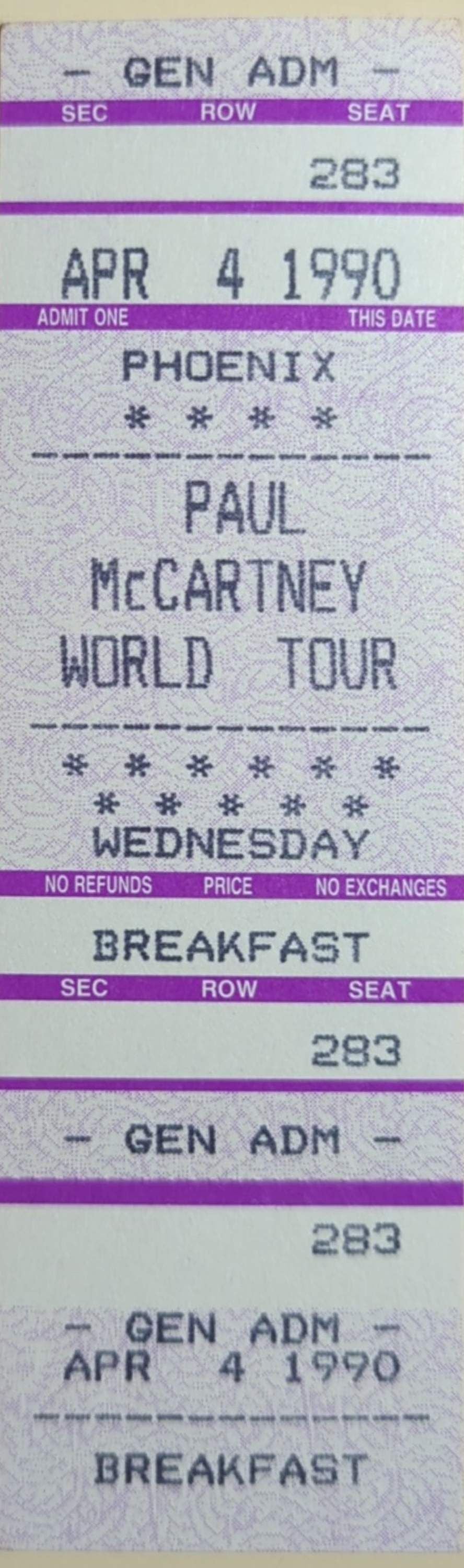 Paul McCartney - World Tour 1990 Original Vintage Concert Ticket Seat 283