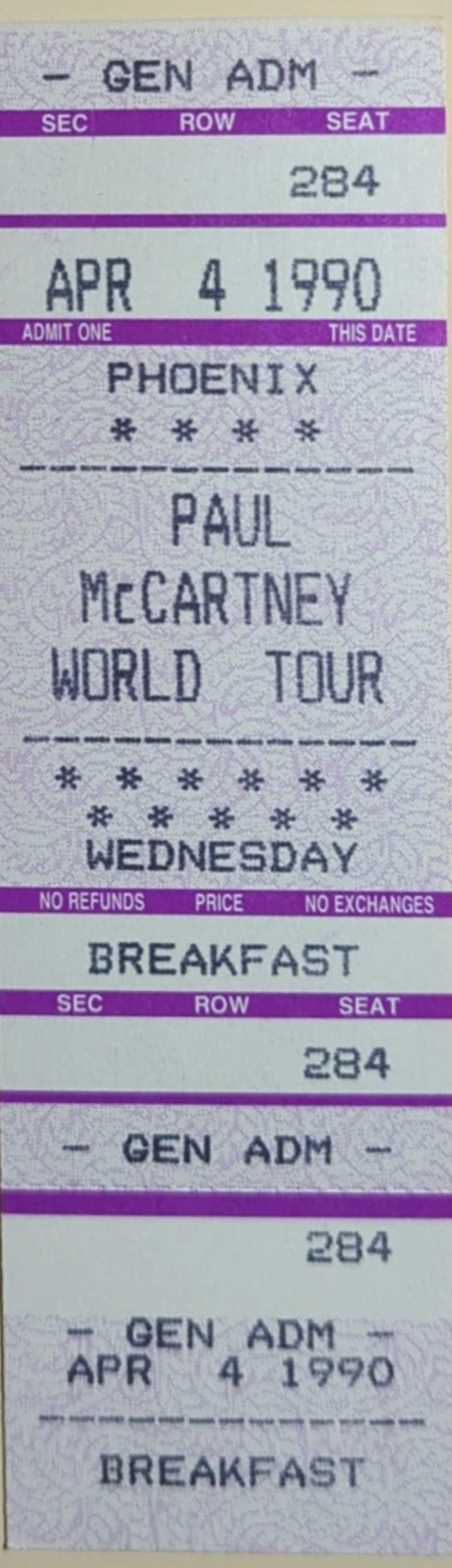 Paul McCartney - World Tour 1990 Original Vintage Concert Ticket Seat 284
