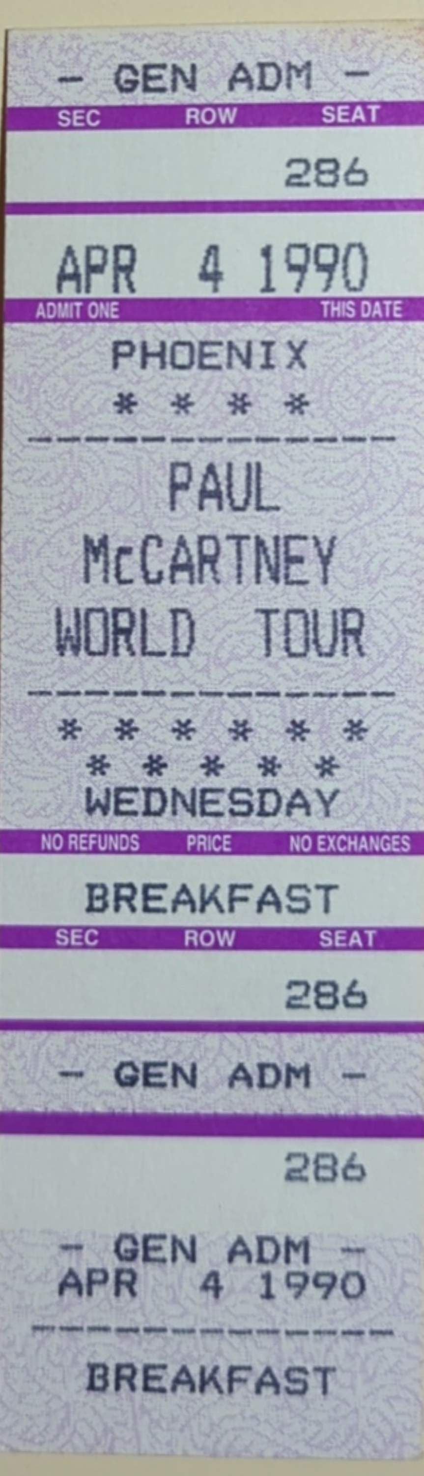 Paul McCartney - World Tour 1990 Original Vintage Concert Ticket Seat 286