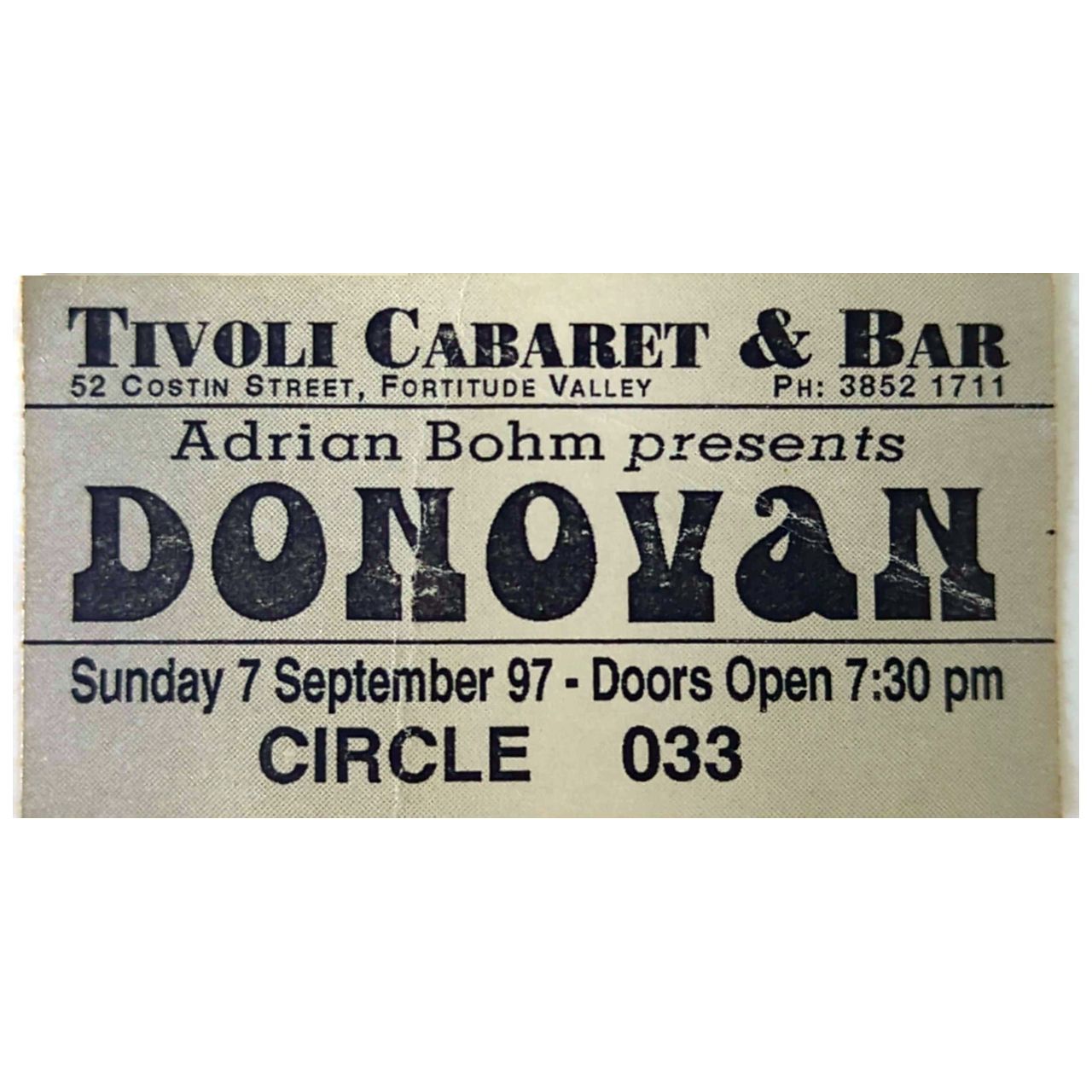 Donovan - 1997 Tivoli Cararet & Bar Autographed Original Vintage Concert Ticket