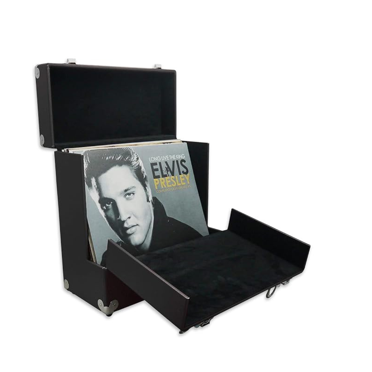 A black hard-shell record case with an open lid and a pulled-out lower compartment, holding a Elvis Presley vinyl record. The case is photographed on a plain white background.