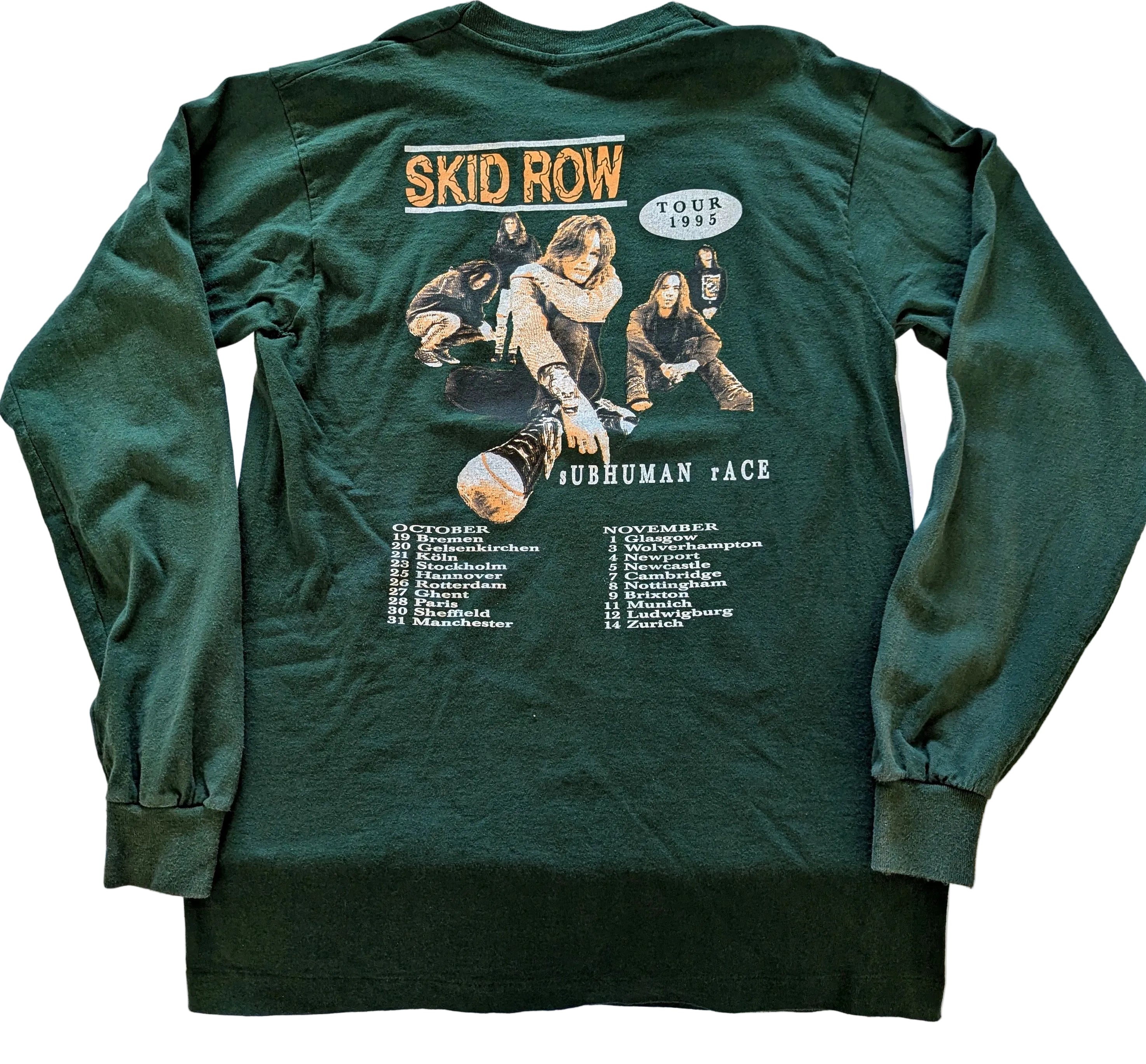 Skid Row - Subhuman Race Tour 1995 Original Vintage Concert Long Sleeve Shirt Green Size L