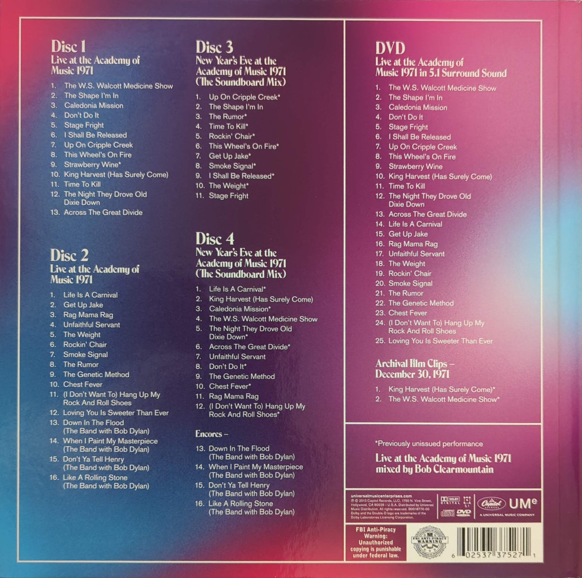 Band - Live At The Academy Of Music 1971 (The Rock Of Ages Concerts) Box Set 4CD + DVD