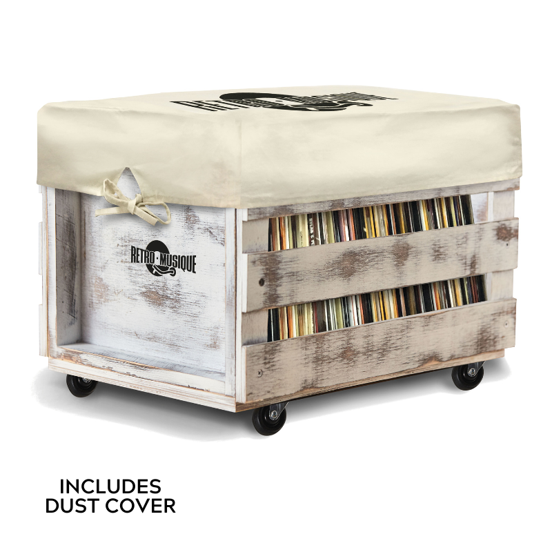 Retro Musique - Wooden Vinyl Record Storage Crate With Canvas Dustcover (Whitewash)