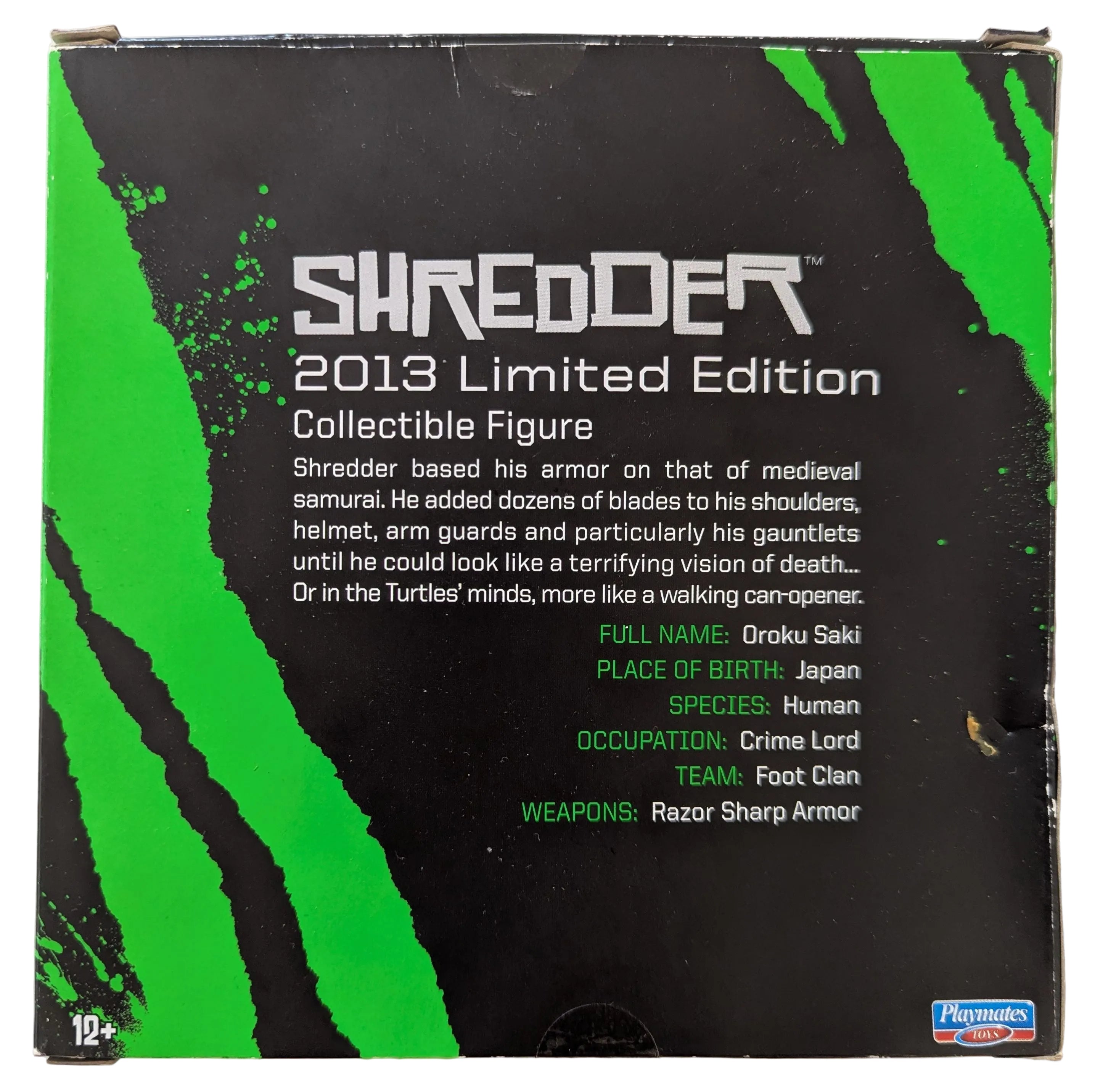 Shredder 2013 Limited Edition collectible figure packaging box, featuring a black background with bright green claw-like graphics and white text detailing the figure's background and stats.