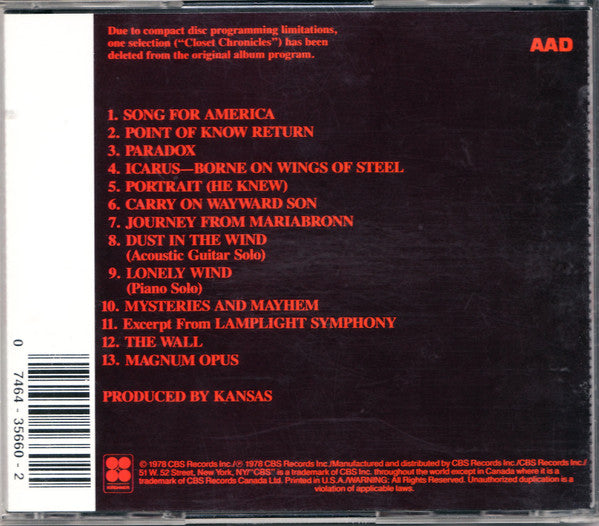 Kansas - Two For The Show CD