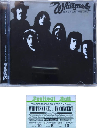 CD cover of Whitesnake album 'Ready An' Willing' with band members and concert poster below.