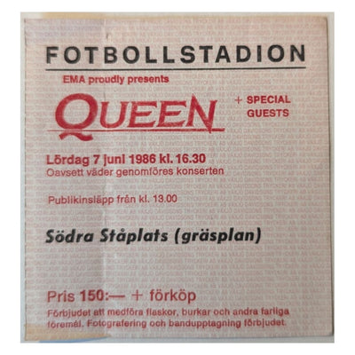Queen - 1986 Original Swedish Vintage Concert Ticket