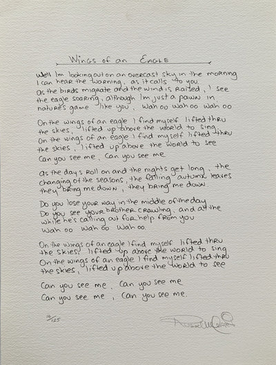 Russell Morris - Autographed Wings Of An Eagle Lyric Sheet