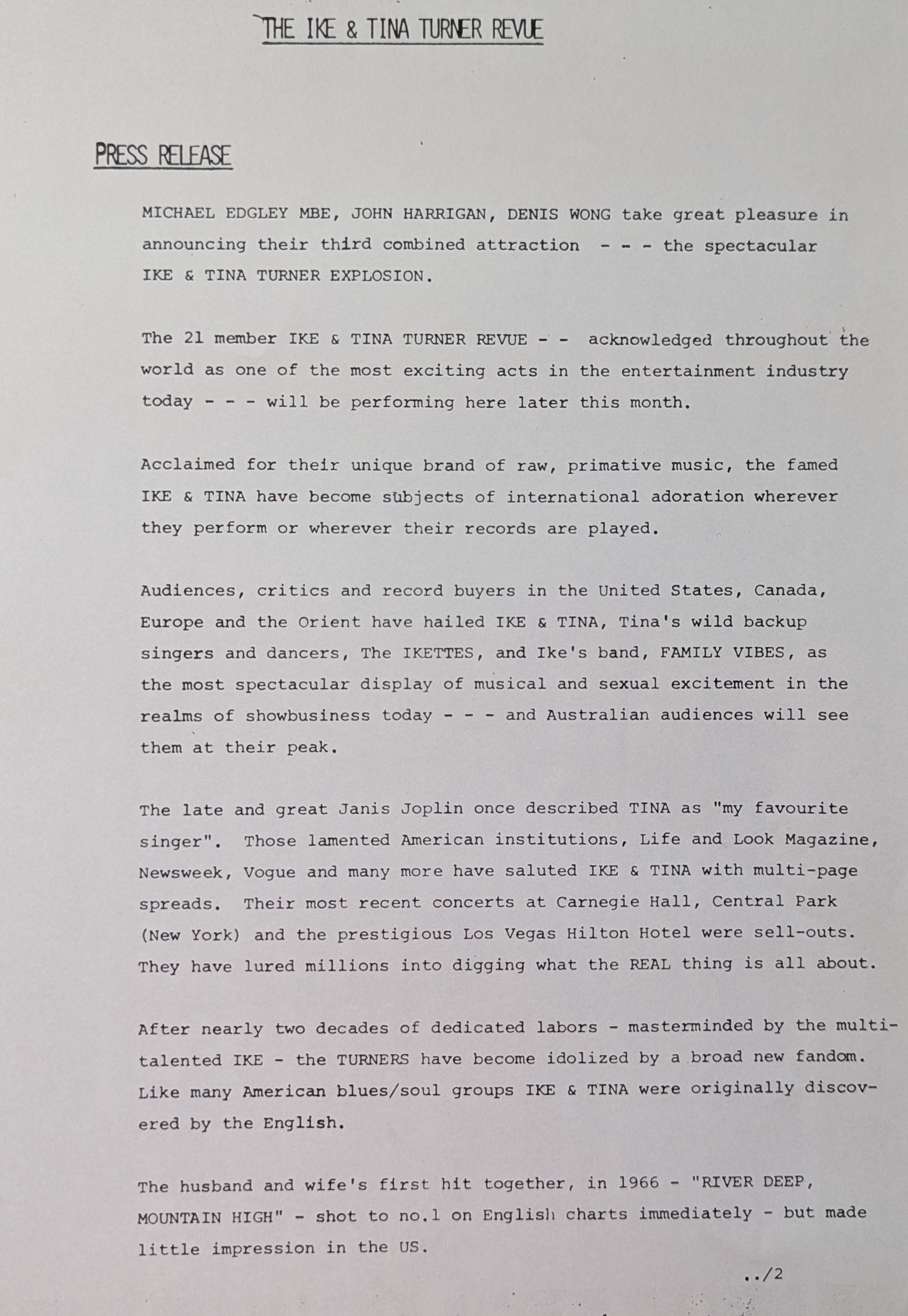 Ike & Tina Turner - Ike & Tina Turner's Revue 1975 Australian Original Concert Tour Program & Press Release