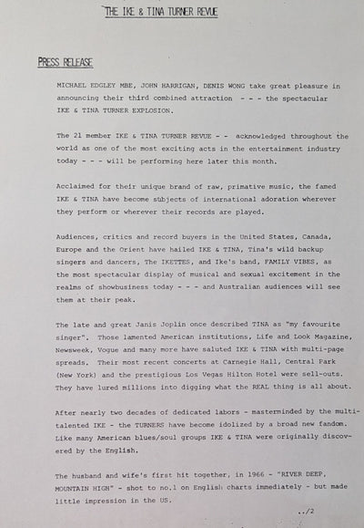 Ike & Tina Turner - Ike & Tina Turner's Revue 1975 Australian Original Concert Tour Program & Press Release