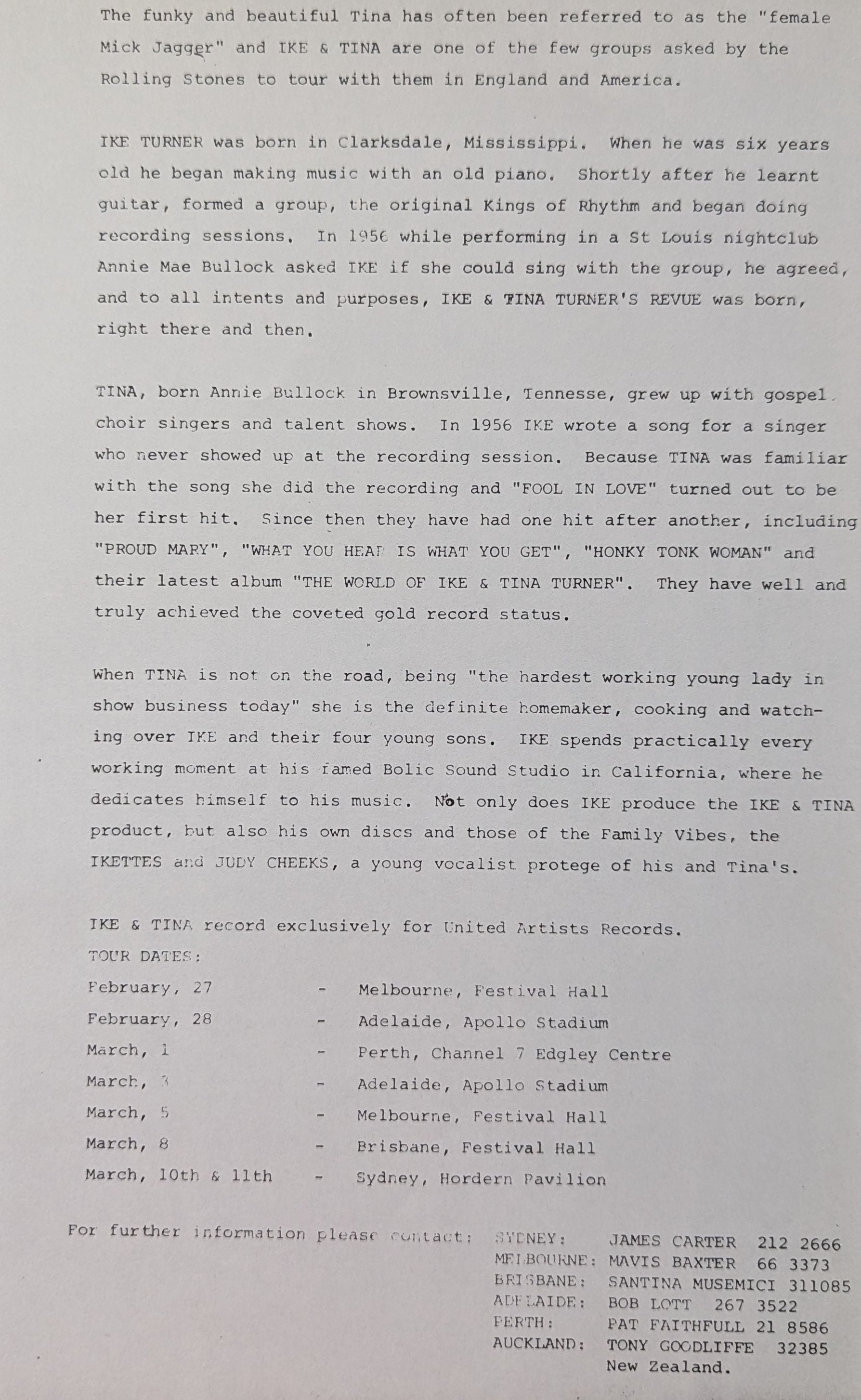 Ike & Tina Turner - Ike & Tina Turner's Revue 1975 Australian Original Concert Tour Program & Press Release