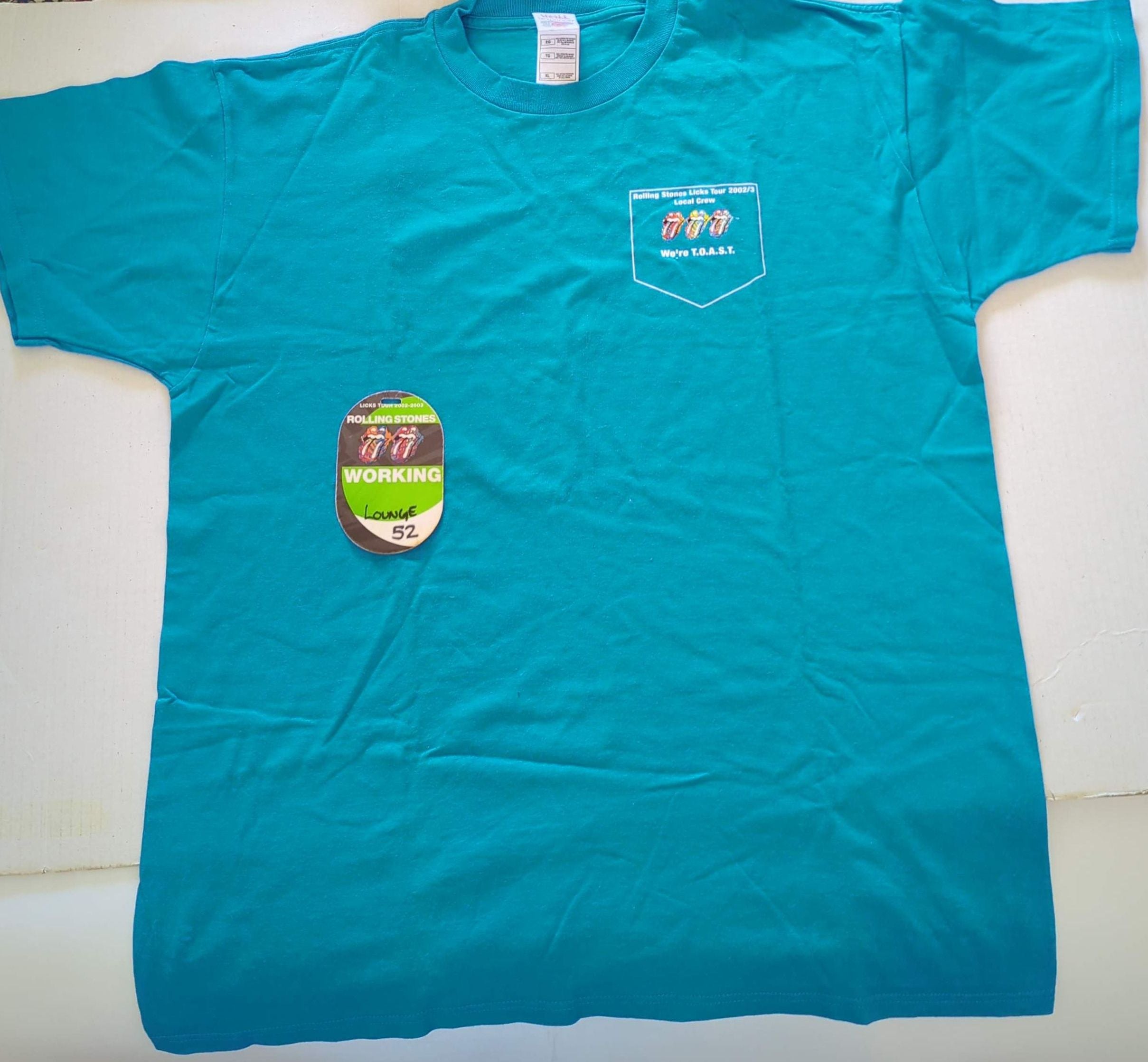 Rolling Stones - Licks Tour 2002/03 Original Vintage Concert Local Crew We're TOAST T-Shirt Blue Size XL + Backstage Pass