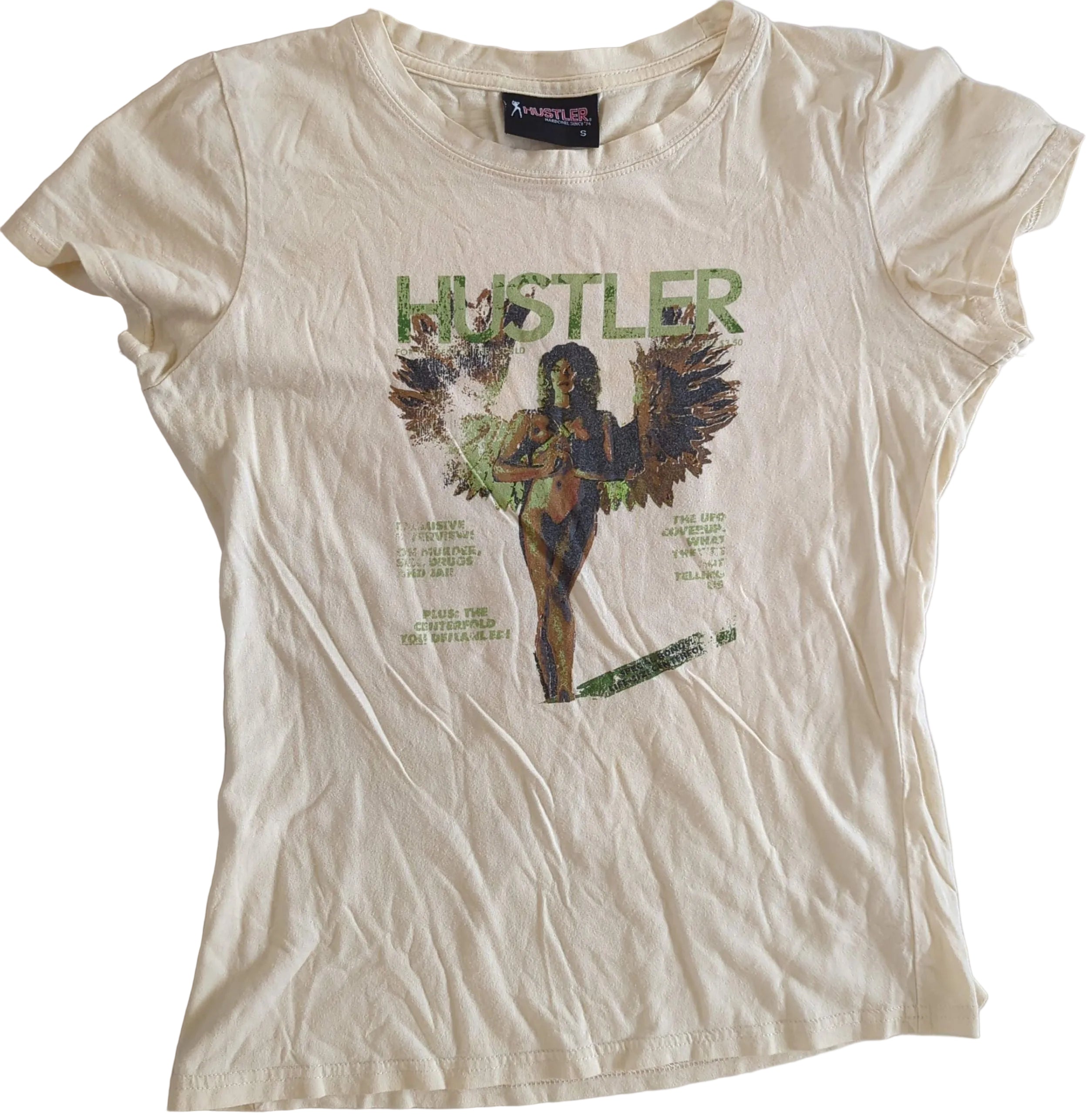 Beige t-shirt with graphic design and 'Hustler' branding on a white background