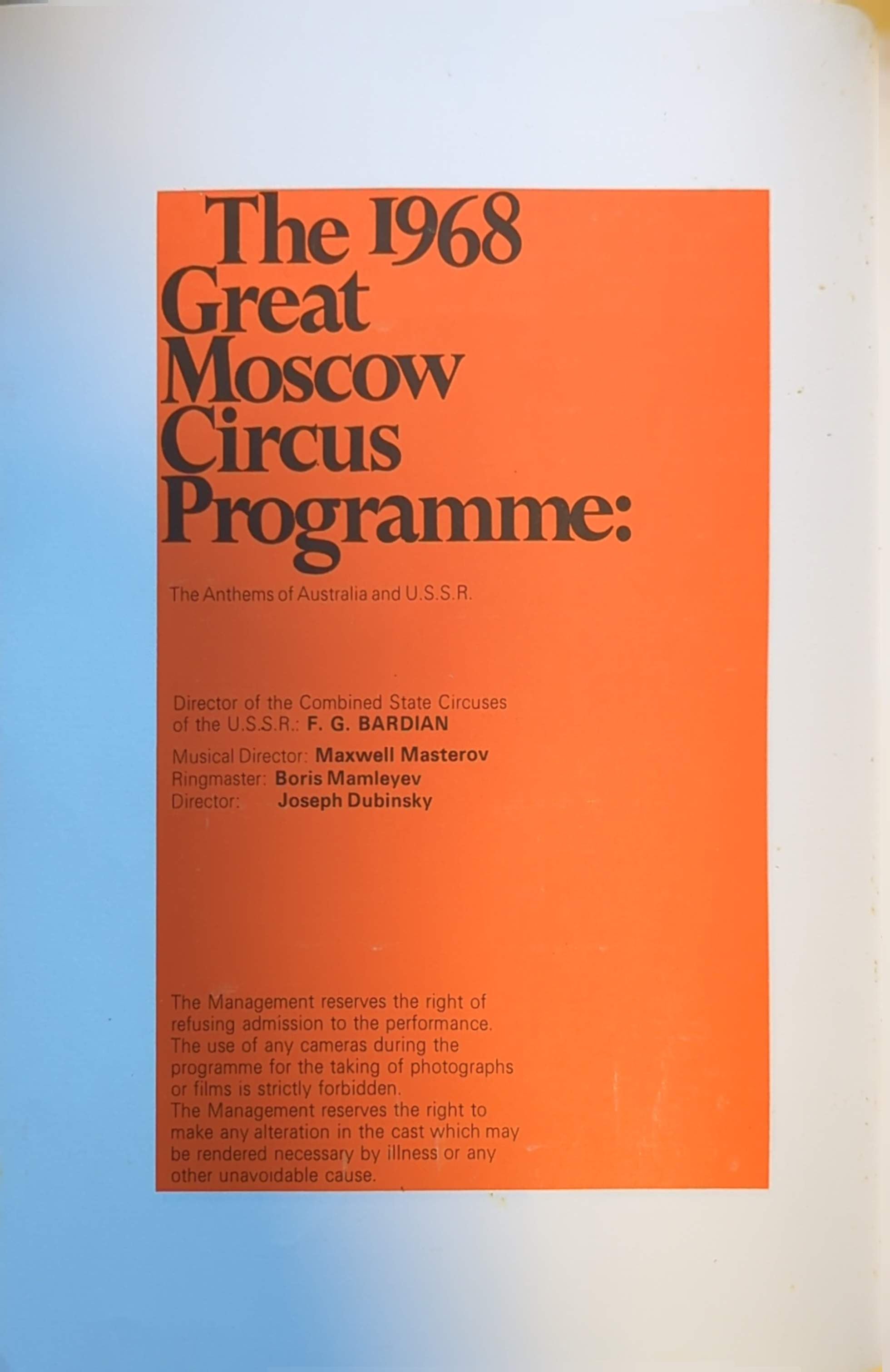 Moscow Circus - The Great Moscow Circus Australian Tour 1968 Original Concert Tour Progam