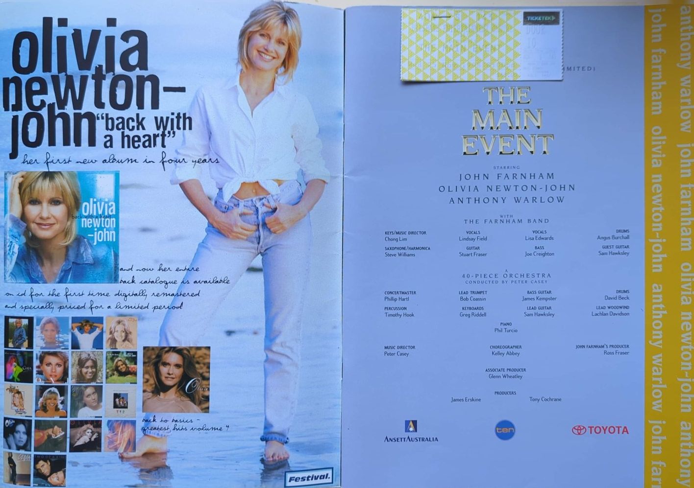 John Farnham, Olivia Newton-John & Anthony Warlow - The Main Event 1998 Original Concert Tour Program + 2 x Tickets