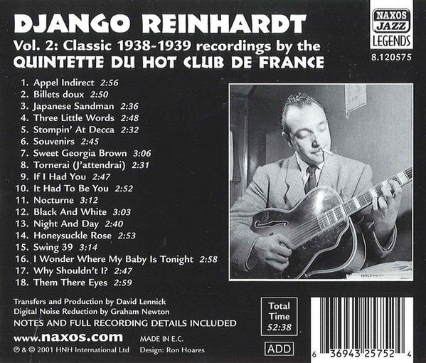 Django Reinhardt : Vol. 2:  1938-1939 Classic Recordings By The Quintette Du Hot Club De France (CD, Comp)