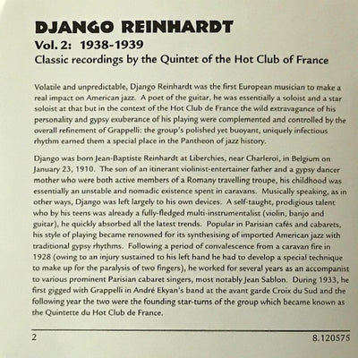 Django Reinhardt : Vol. 2:  1938-1939 Classic Recordings By The Quintette Du Hot Club De France (CD, Comp)