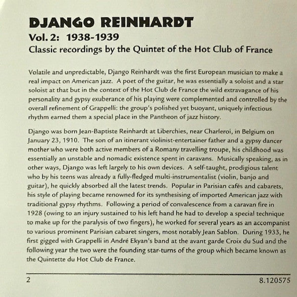 Django Reinhardt : Vol. 2:  1938-1939 Classic Recordings By The Quintette Du Hot Club De France (CD, Comp)