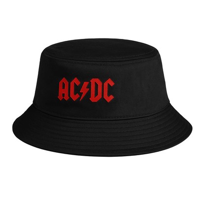 Black bucket hat with red AC/DC logo on a light gray background