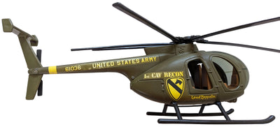 A toy military helicopter in olive green with yellow and black markings, featuring 'UNITED STATES ARMY' and '1st CAV RECON' text, photographed against a light gray background.