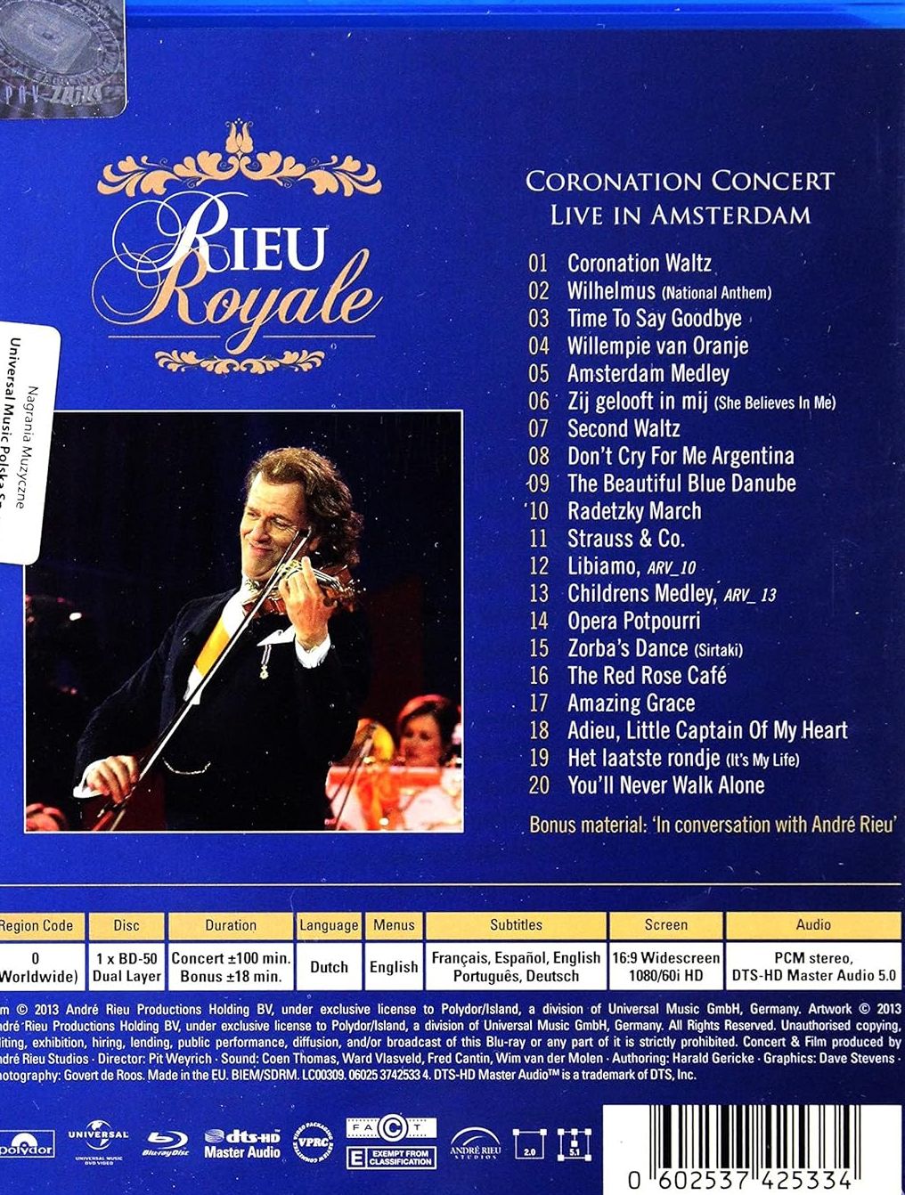 André Rieu – Rieu Royale: Coronation Concert Live In Amsterdam Blu-Ray DVD