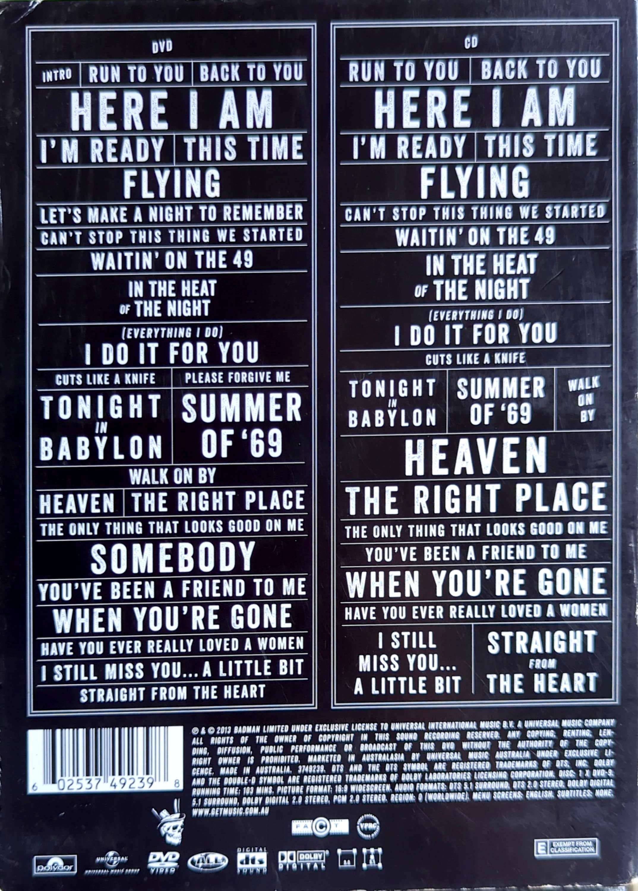 Bryan Adams – The Bare Bones Tour: Live At Sydney Opera House DVD + CD