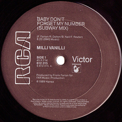Milli Vanilli - Baby Don't Forget My Number (Subway Mix) 12" Vinyl Single (Used)