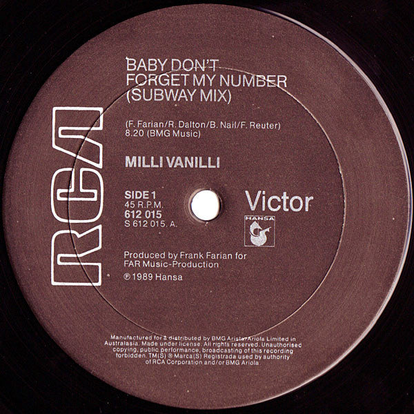 Milli Vanilli - Baby Don't Forget My Number (Subway Mix) 12" Vinyl Single (Used)