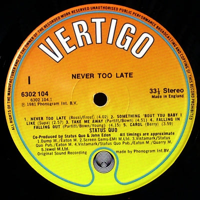 Status Quo - Never Too Late Vinyl LP (Used)
