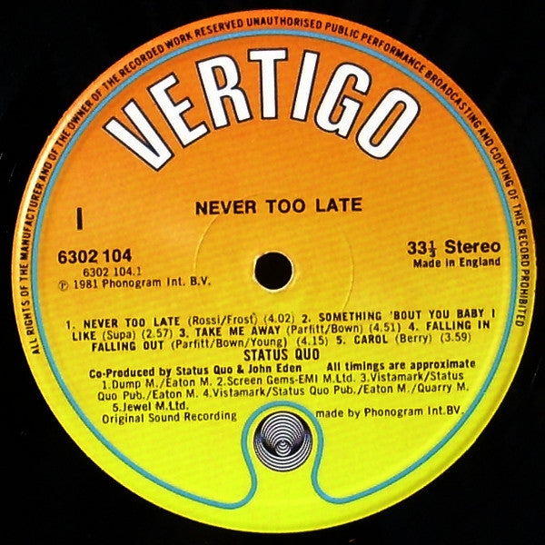 Status Quo - Never Too Late Vinyl LP (Used)