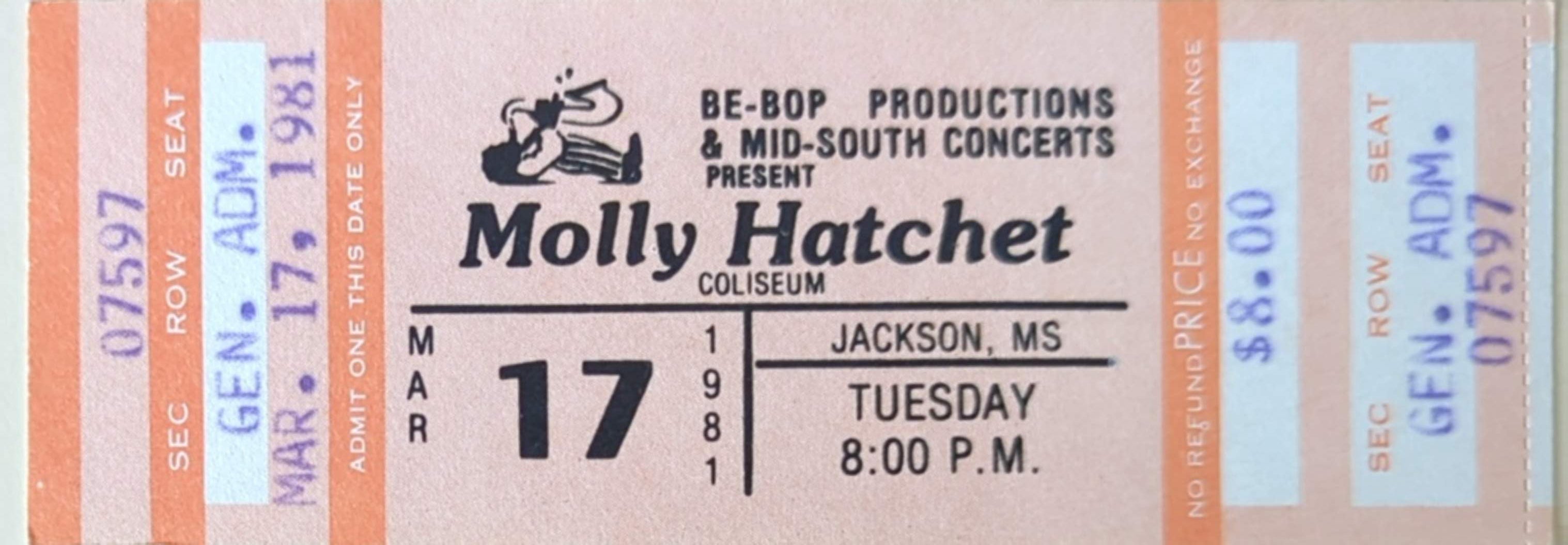 Molly Hatchet - 1981 Original Vintage Concert Ticket GA 07597