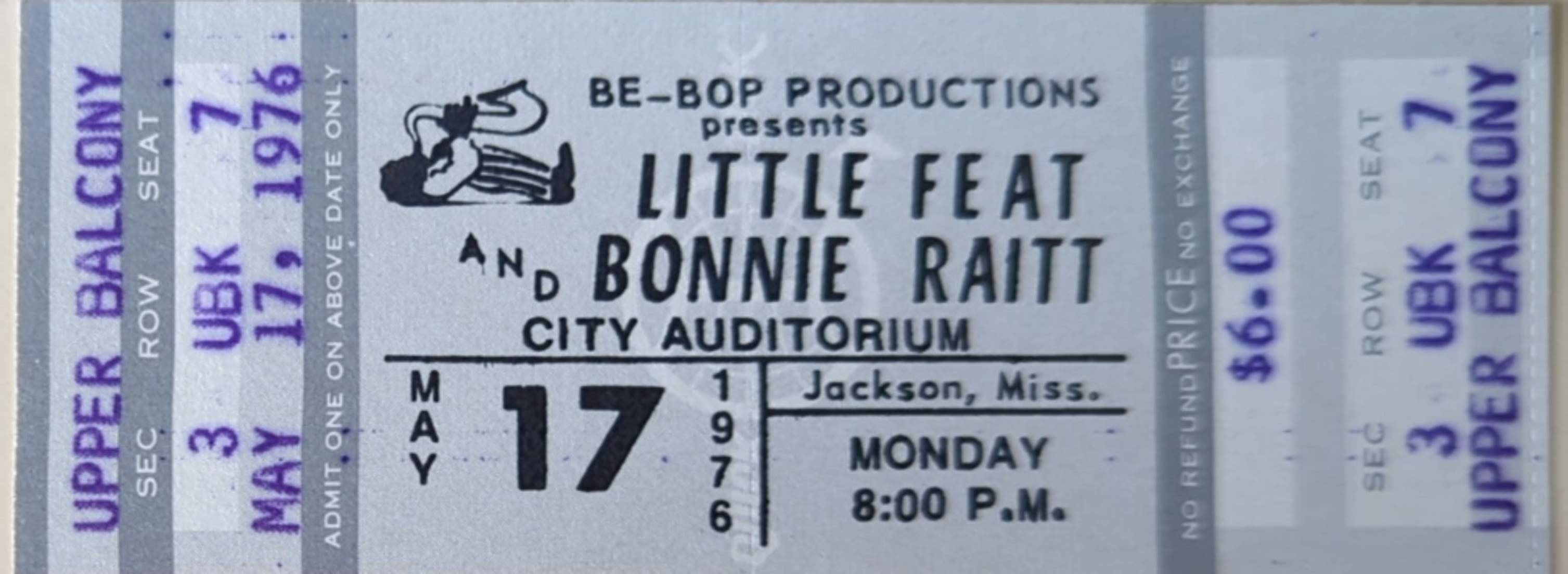 Little Feat & Bonnie Raitt - 1976 Original Vintage Concert Ticket