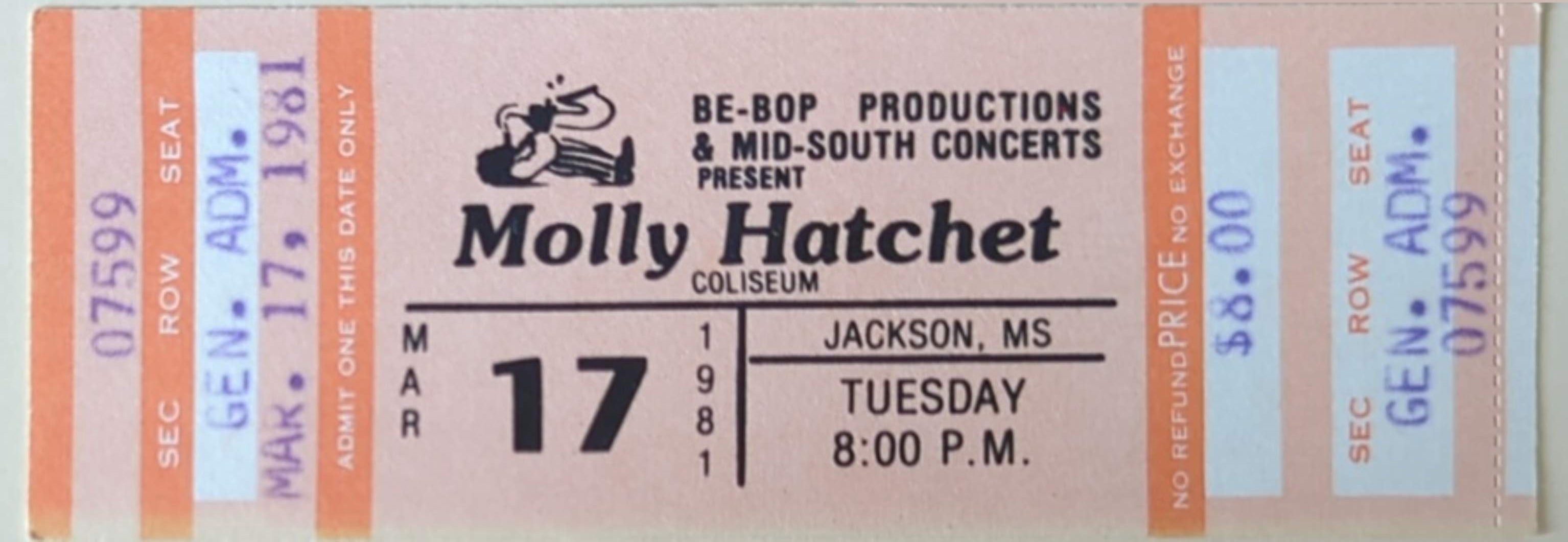 Molly Hatchet - 1981 Original Vintage Concert Ticket GA 07599