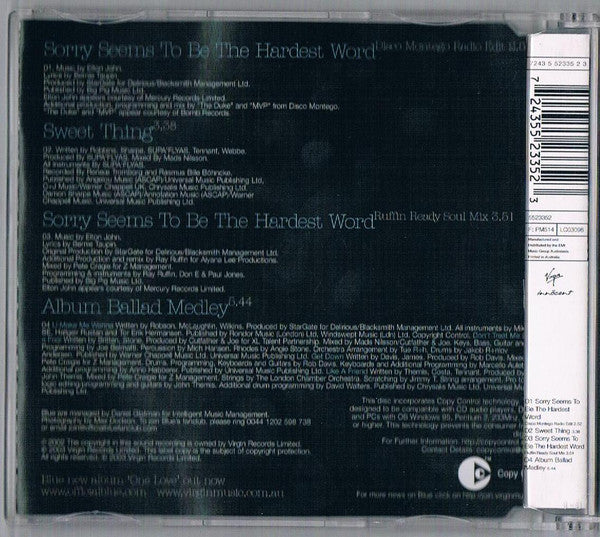 Blue Featuring Elton John - Sorry Seems To Be The Hardest Word 4 Track CD Single
