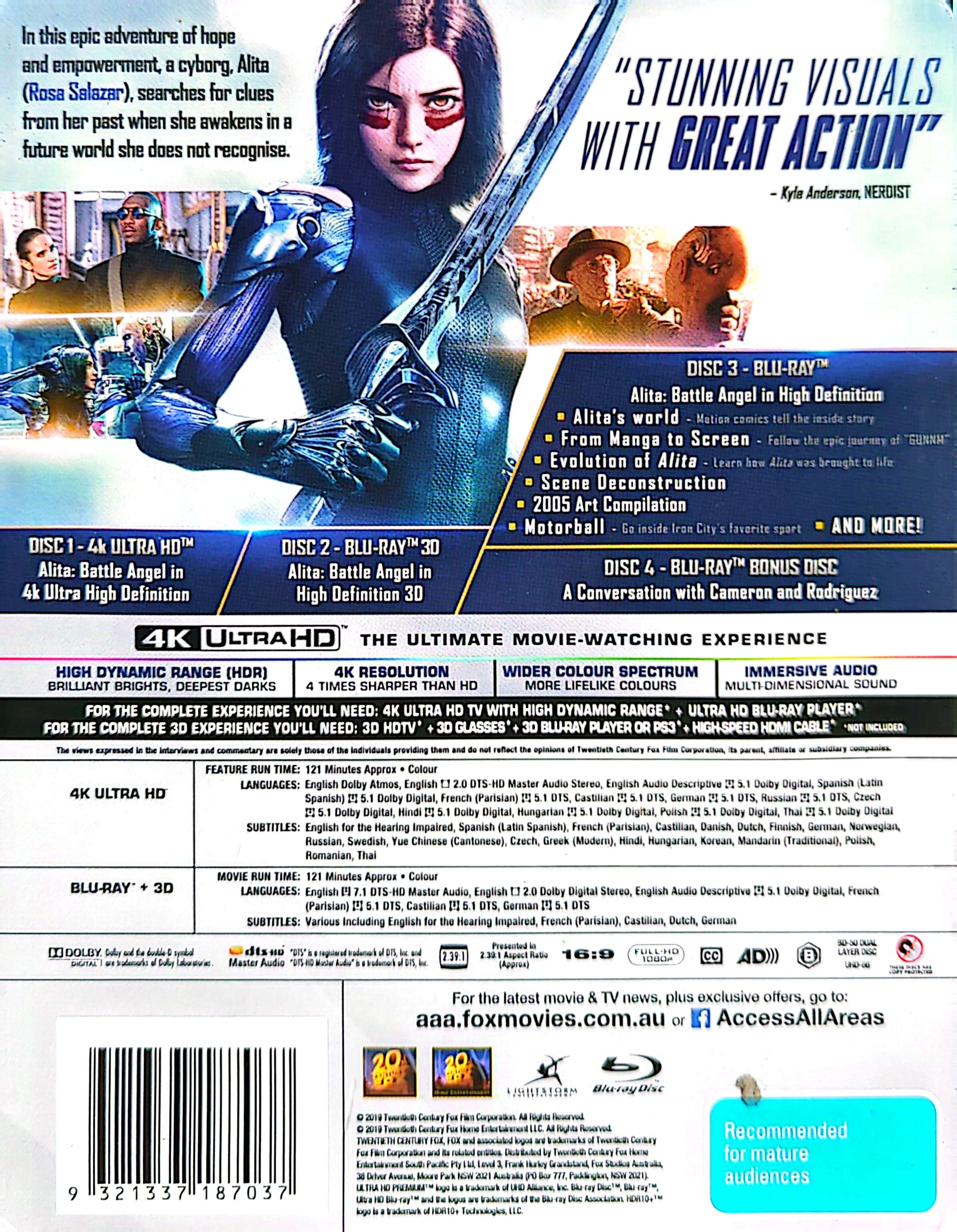 Alita: Battle Angel (2019) Ltd Ed Steelbook 4K Ultra HD + 3D + Blu-Ray + Bonus Disc (Used)